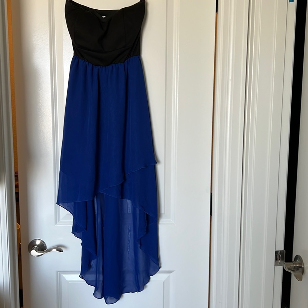Black and blue high low strapless dress